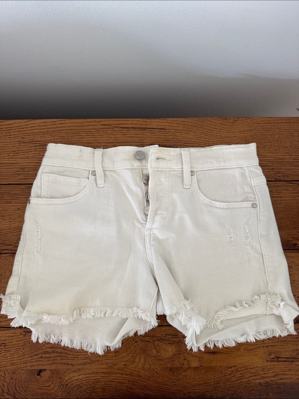 Sanctuary White Frayed Hem Button-Front Denim Shorts